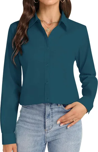 Vista 23 de Camisas con botones J.VER para mujer con cuello elástico y manga larga de algodón, camisa de vestir casual de negocios para el trabajo