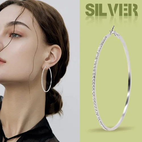 Vista 7 de Serwrsw 3 Pair Diamond Large Hoop Earrings, 3 Colors Big Hoop Earrings with Rhinestone for Women Girl