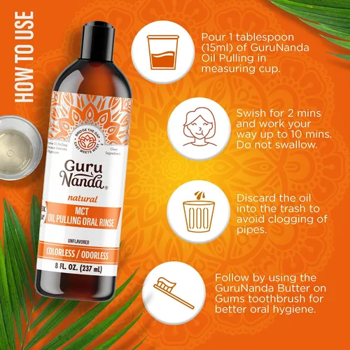 Vista 6 de GuruNanda Smile Kit de cuidado bucal – Enjuague bucal MCT Oil Pulling con aceite de coco fraccionado y tiras blanqueadoras de dientes de 7 días
