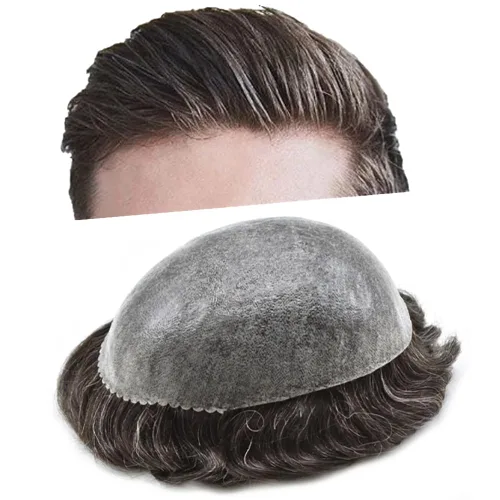 Vista 53 de Toupee para hombres Sistema de reemplazo de cabello humano real para hombres Completo PU Mens Hairpiece de aspecto natural para hombre piezas