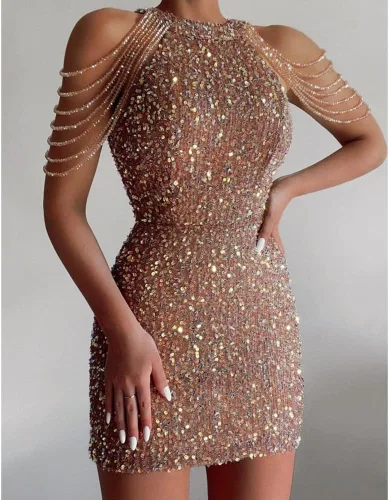 Vista 3 de PHILISENMALL Vestido de fiesta de cóctel con falda brillante para mujer, vestido ajustado con borlas y cuello redondo para actuaciones al aire libre