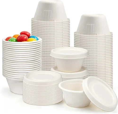 Vista 11 de Vmiapxo 100 juegos de tazas de condimento de fibra de bagazo natural de 2 onzas con tapas, recipientes de condimentos de salsa compostables, platos
