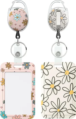 Vista 24 de Uniclife Porta credenciales deslizante floral con carrete retráctil y mosquetón con clip para cordón desmontable, protector de tarjeta vertical