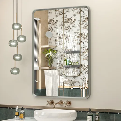 Vista 44 de OKPAL - Espejo de tocador de baño de 20x24 pulgadas con marco de metal cepillado en bronce, espejo de baño con marco de metal cepillado en bronce