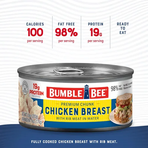 Vista 3 de Bumble Bee Pechuga de Pollo Premium con Carne de Costilla, Trozos en Agua, Lata de 10 oz - 19g de Proteína por Porción - Sin Gluten, Apto para Keto