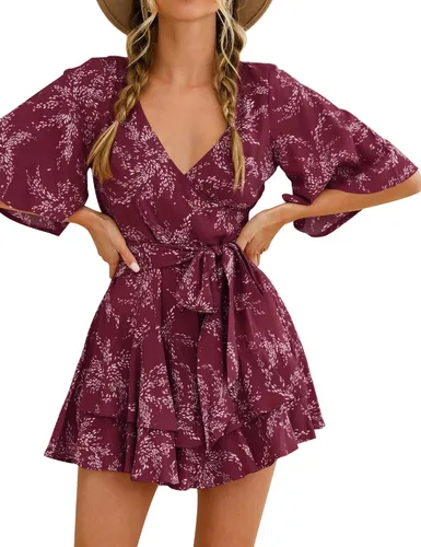 Vista 2 de Relipop Enterizo de verano para mujer, diseño floral, cuello en V, manga corta, cintura con nudo y dobladillo con volantes, overol corto casual