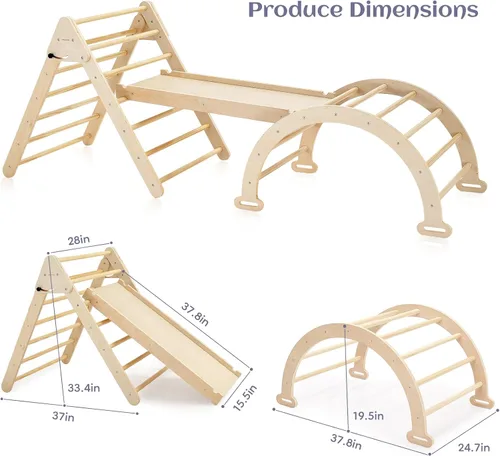 Vista 6 de Pillowhale Juego de triángulos de escalada de madera Montessori extra grande: triángulo plegable para gimnasio, rampa y arco de escalada, parque