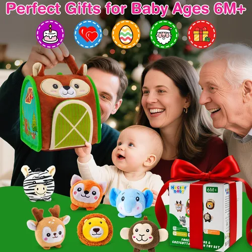 Vista 8 de Montessori - Juguetes sensoriales para bebés de 6 a 12 meses y niños pequeños de 1 a 3 años, juego educativo de animales de peluche con sonajero