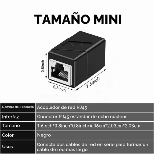 Vista 2 de Acoplador RJ45, paquete de 2 adaptadores Ethernet hembra a hembra, adaptador extensor de cable de conexión, modular recto de 8 pines, conectores
