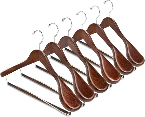 Vista 10 de Amber Home Paquete de 6 Perchas de Traje de Madera de Bambú Natural de Hombros Anchos, Perchas de Ropa de Bambú con Barra para Pantalones, Perchas