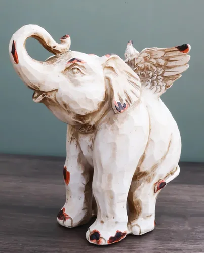 Vista 4 de Ebros Gift Fantástico elefante alado de ángel con tronco hacia arriba, escultura de madera sintética, figura de resina tallada en madera sintética