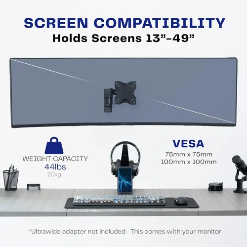Vista 4 de VIVO Soporte de pared para monitor ultra ancho de movimiento completo, se adapta a pantallas ultra anchas de hasta 49 pulgadas y 44 libras, brazo