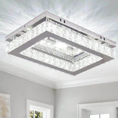 Vista 14 de Finktonglan Lámpara de Techo LED de Cristal Empotrada Moderna, Candelabro Rectangular de Cristal K9 y Acero Inoxidable, 20W Regulable con Control