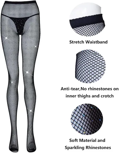 Vista 4 de Kreeqe Women's Plus Size High Waist Tights Sparkle Rhinestone Fishnets Stockings Fairy Tights Party Sexy Pantyhose