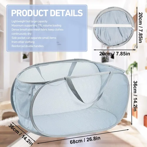 Vista 6 de 2 cestas de malla para la ropa sucia, canastas plegables para la ropa sucia, 75 litros, cesta de almacenamiento horizontal con bolsillo lateral
