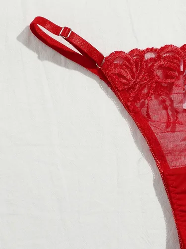 Vista 4 de SOLY HUX Conjunto de brasier y braga de lencería con aros y malla floral bordada para mujer