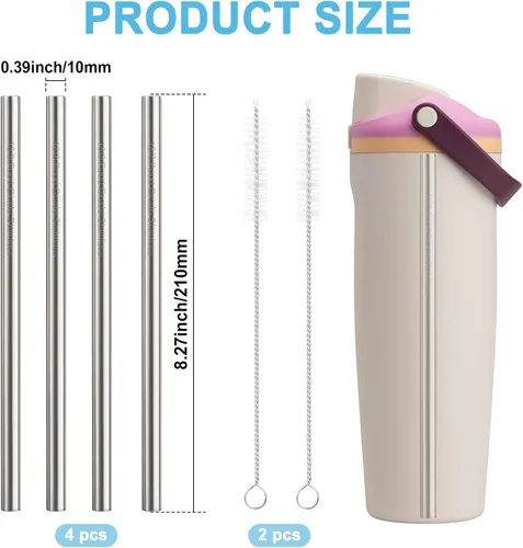 Vista 3 de Repuesto de popote de metal compatible con botellas Owala FreeSip Sway de 30 onzas, 4 popotes reutilizables de acero inoxidable y 2 cepillos