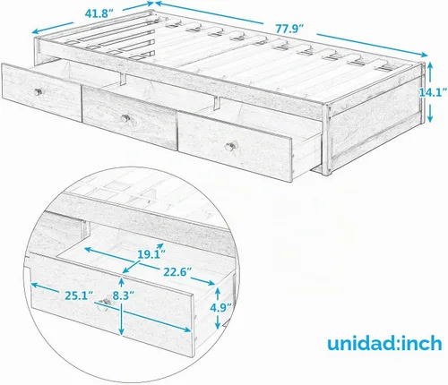 Vista 2 de SOFTSEA Base de cama de plataforma de madera de tamaño individual con 2 cajones de almacenamiento, cama de plataforma individual con soporte