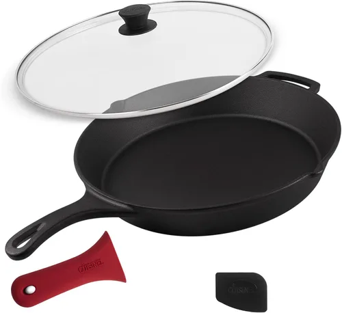Vista 27 de Sartén de hierro fundido de Cuisinel con tapa - Sartén para freír pre-sazonada de 10" pulgadas + cubierta de vidrio + soporte para mango resistente