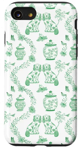 Vista 17 de Funda para iPhone XS Max Preppy Green & White Toile Chinoiserie Dogs and Ginger Jars