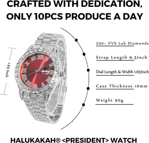 Vista 4 de Halukakah Reloj de diamantes para hombre, Presidente, chapado en oro real de 18 quilates, chapado en oro blanco platino y diamantes helados, 1.654