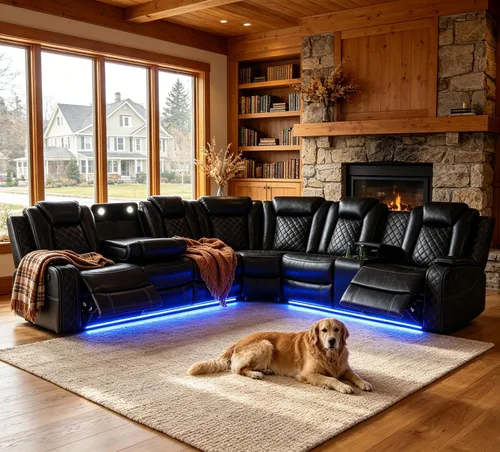 Vista 36 de Juego de sofá seccional reclinable de cuero, sofá seccional con 4 sillones reclinables Juegos de muebles de sala con 3 reclinables, luz LED