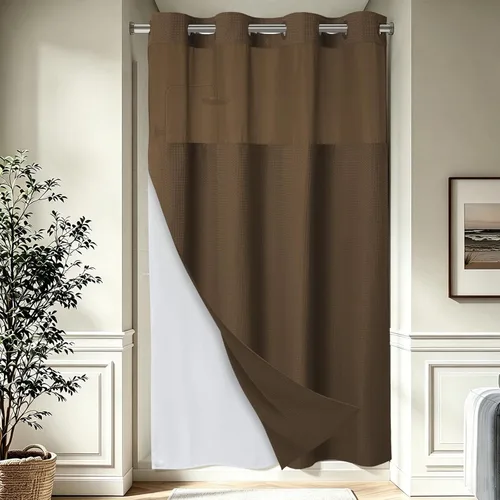 Vista 34 de EUTXL Cortina de ducha beige sin gancho con forro a presión, 230 GSM, cortinas de ducha para baño, 71 pulgadas de ancho x 74 pulgadas de alto
