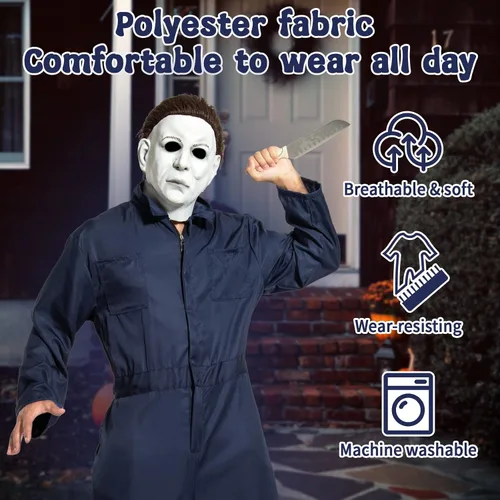 Vista 5 de Disfraz de Michael Myers para hombres adultos, overol de Michael Myers máscara con cuchillo de sangre para Halloween, cosplay, trajes de asesino