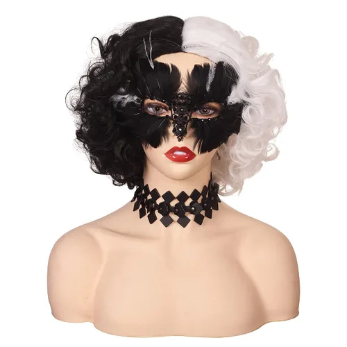 Vista 2 de Peluca corta mitad negra, mitad blanca, rizada, con collar y máscara, para mujer