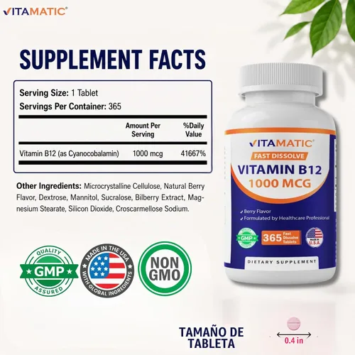 Vista 2 de Vitamatic Vitamina B12 1000 mcg de disolución rápida - 365 tabletas - Sabor natural de bayas - Apoya el metabolismo energético y la salud