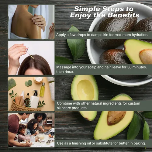 Vista 6 de Aceite de aguacate de 4 onzas líquidas prensado en frío, 100% puro y natural, portador para el crecimiento de la piel, la cara y el cabello.