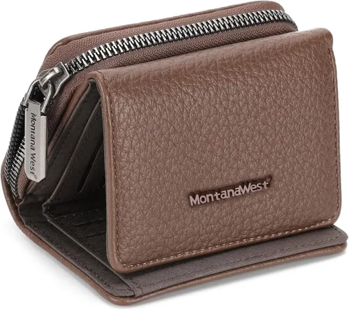 Vista 18 de Montana West Billetera pequeña para mujer, de piel auténtica, triple pliegue, tarjetero Rfid con cremallera y bolsillo para monedas, Un negro, Casual