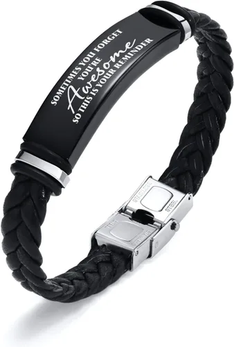 Vista 19 de Pulsera de cuero para hombre, regalo de sobriedad para hombre: cita inspiradora/versículo bíblico grabado, pulsera trenzada negra para hombre
