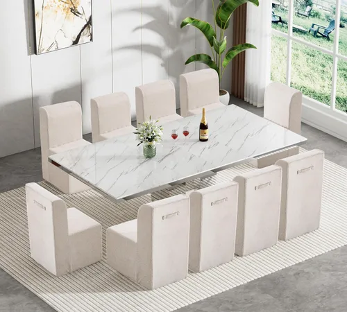 Vista 10 de Juego de mesa de comedor extensible marrón de 9 piezas para 8, 63 a 78.74 pulgadas, juego de mesa de cocina y comedor, mesa de comedor extensible