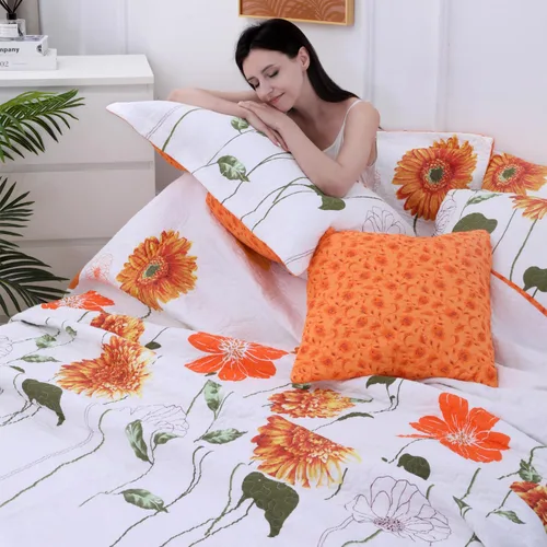 Vista 5 de EVENHUG Juego de Colcha de Algodón 100% Tamaño Twin Naranja Girasol Juego de Ropa de Cama Floral Colcha Ligera Reversible Cubrecama con 1 Funda