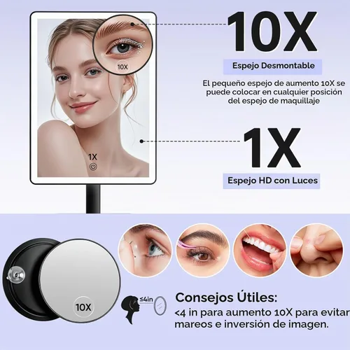 Vista 9 de FUNTOUCH Espejo de tocador de maquillaje recargable con luces, espejo de escritorio grande iluminado con 96 luces LED y aumento de 10x, iluminación