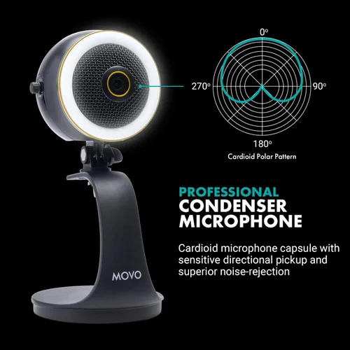 Vista 5 de Movo WebMic HD Pro - Cámara web todo en uno con micrófono y anillo de luz, cámara HD de 1080p, micrófono de condensador cardioide profesional