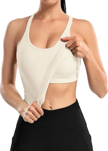 Vista 64 de ATTRACO Camiseta corta acanalada de entrenamiento para mujer con brasier integrado para yoga, espalda cruzada, ajuste ajustado