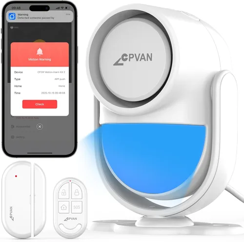 Vista 15 de CPVAN Alarma con sensor de movimiento WiFi, detector de movimiento PIR inteligente de 125 dB con alertas de aplicación de teléfono, sistema