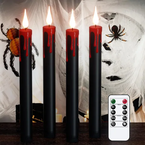 Vista 11 de GenSwin Velas cónicas sin llama de Halloween en negro con candelabros de mano de fantasma y temporizador remoto, 2 piezas de velas cónicas operadas