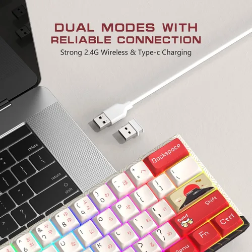 Vista 2 de XVX MK61 - Teclado 60%, inalámbricocon cable, mecánico, compacto, 61 teclas, recargable 2.4G, teclas completamente programables, retroiluminación