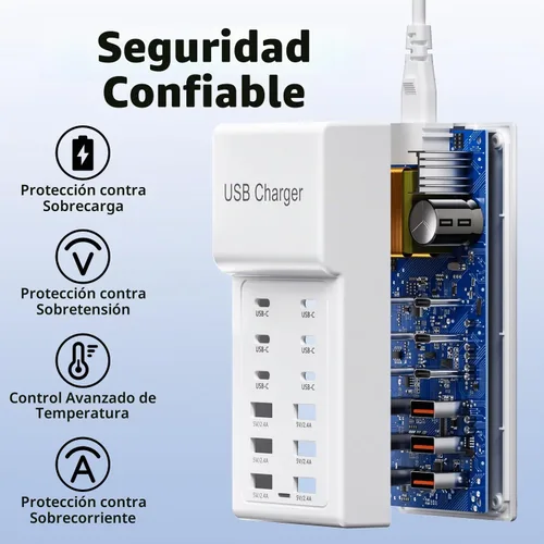 Vista 3 de Estación de carga USB, 12 puertos (6 USB + 6 USBC) Hub de cargador USB, tira de alimentación USBC múltiple de 50 W para iPhone, Samsung, tableta