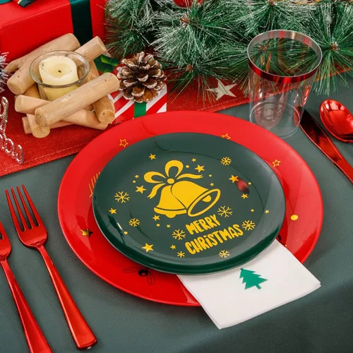 Vista 5 de WDF 175 piezas de platos de Navidad de plástico desechables - 25 platos verdes, 25 platos rojos con campanas doradas, 75 cubiertos de plástico