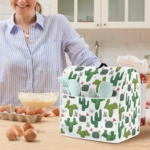 Vista 4 de doginthehole Cubierta para mezclador de pie con estampado de cactus, cubierta antipolvo de tela de poliéster con bolsillo, cubierta