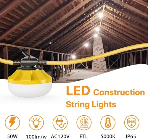 Vista 2 de Cadena de luces de construcción de 50 pies: Cadena de luces de trabajo de 50W con 5 bombillas y ganchos, Iluminación de construcción temporal IP65