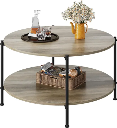 Vista 13 de WLIVE - Mesa de centro redonda, mesa de café pequeña de 32.6" con estante de almacenamiento, mesa de centro de madera de 2 niveles para sala