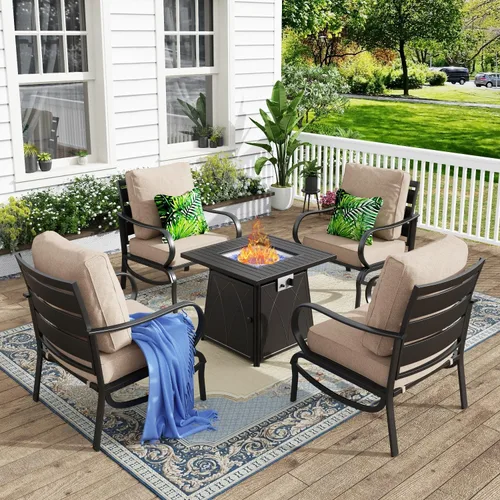Vista 47 de MFSTUDIO Juego de 4 piezas de conversación para patio, marco de metal para todo tipo de clima, muebles de exterior con 1 mesa rectangular de propano