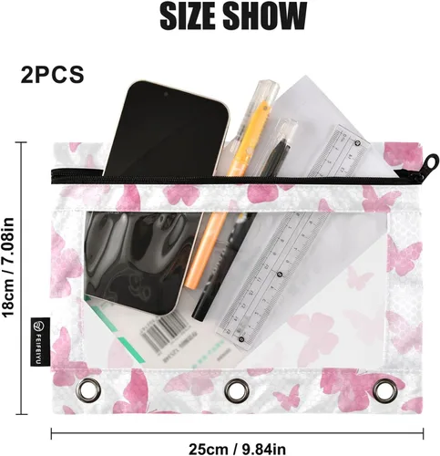 Vista 3 de Estuche para lápices de mariposa con 3 anillos, bolsa con cremallera y ventana de PVC transparente para la familia, oficina, paquete de 2