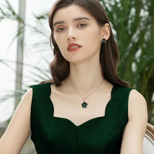 Vista 3 de EleQueen Rose Flower Necklace Earrings Bracelet Set 14K Green Rose Gold Plated Hypoallergenic Jewelry Sets Gift for Women