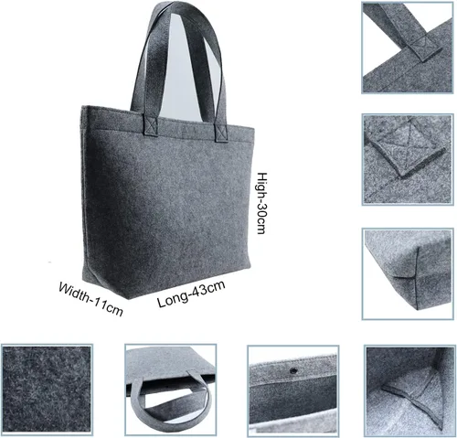 Vista 3 de Bolsa de fieltro, bolsas reutilizables grandes, bolsa de comestibles resistente con asas, bolsas de fieltro para compras, Gris oscuro 3 piezas